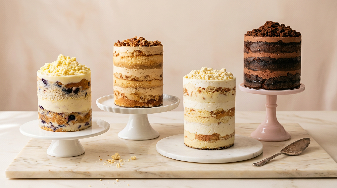Four Daughters Baking naked layer cakes arranged on cake stands on a cream marble surface